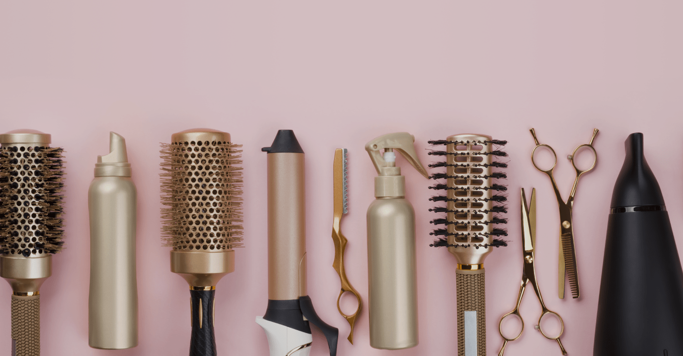 Brushes, shears and styling tools used at the shop